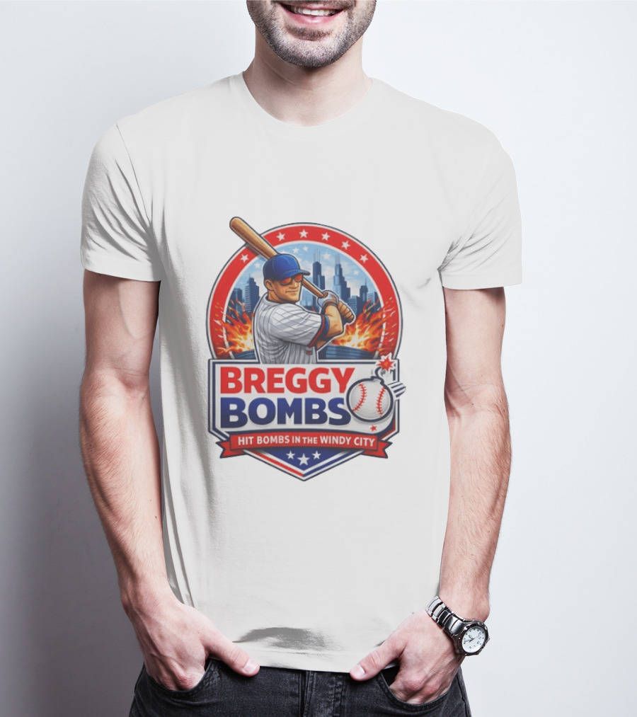 Breggy Bombs Hit Bombs In The Windy City Baseball Power Chicago Skyline Fireworks T-Shirt