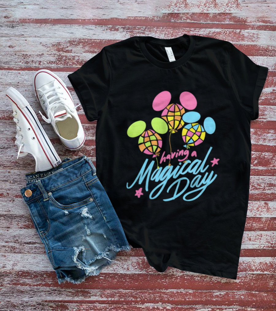 Having A Magical Day Neon Checkered Balloon Bright Colorful Celebration T-Shirt