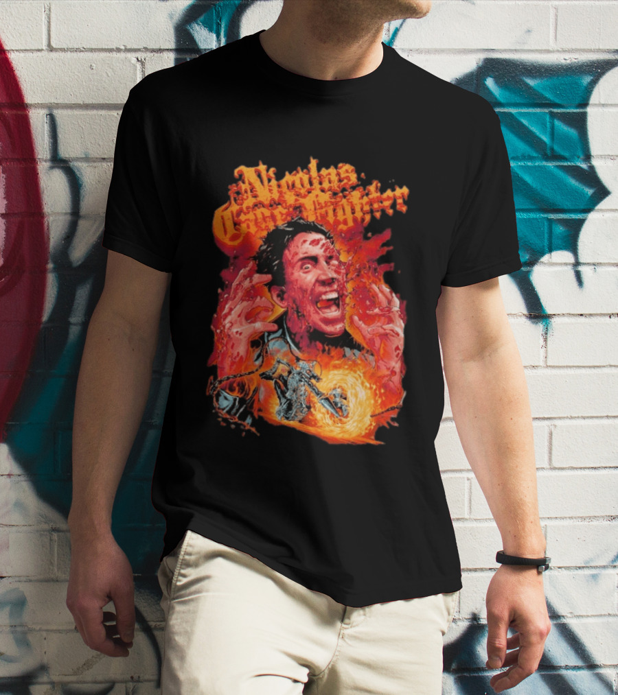 Nicolas Cage Fighter Melting Face Ghost Rider Flame Chain T-Shirt
