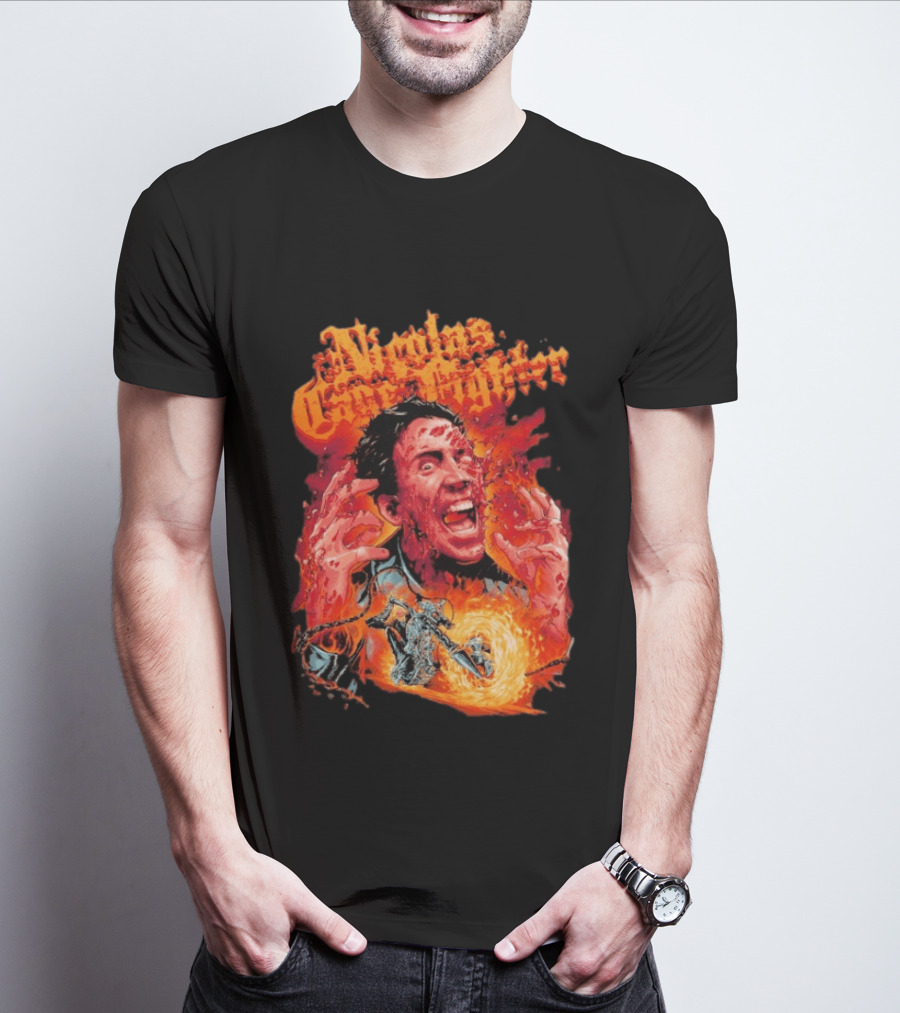 Nicolas Cage Fighter Melting Face Ghost Rider Flame Chain T-Shirt
