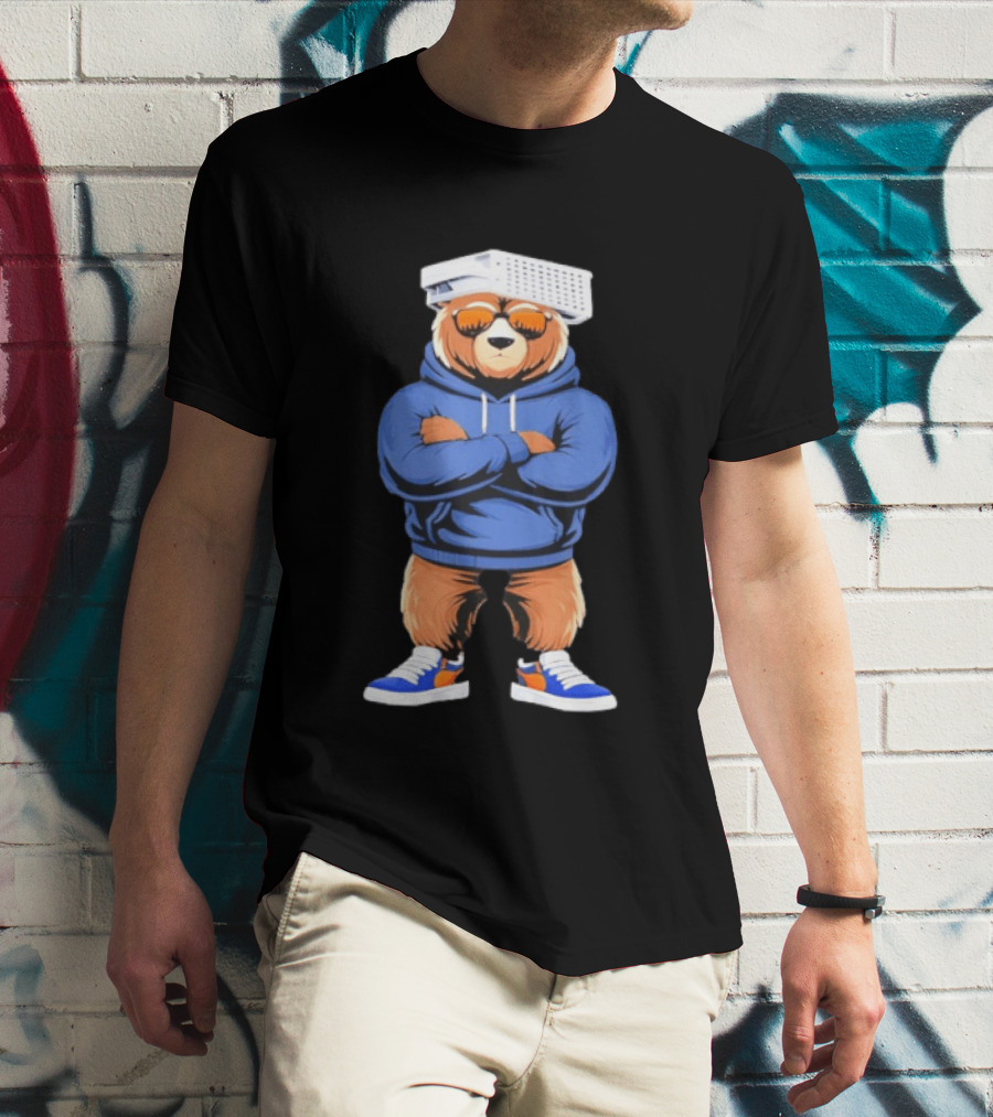 Bear With Cheese Grater Hat And Cool Sunglasses In Blue T-Shirt