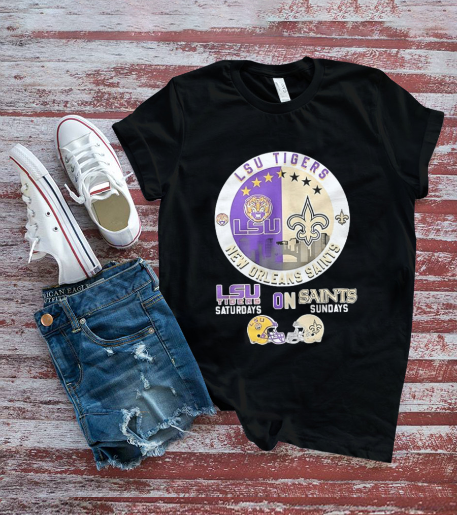 LSU Tigers Saturdays New Orleans Saints Sundays Mashup Helmet T-Shirt