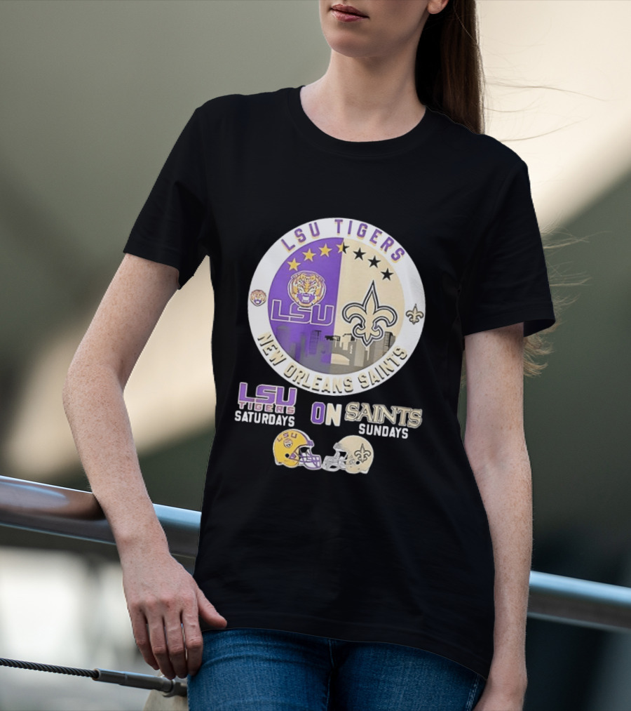 LSU Tigers Saturdays New Orleans Saints Sundays Mashup Helmet T-Shirt