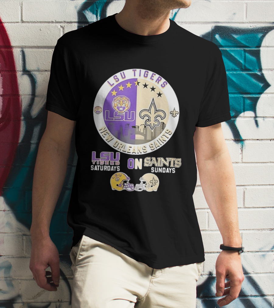 LSU Tigers Saturdays New Orleans Saints Sundays Mashup Helmet T-Shirt