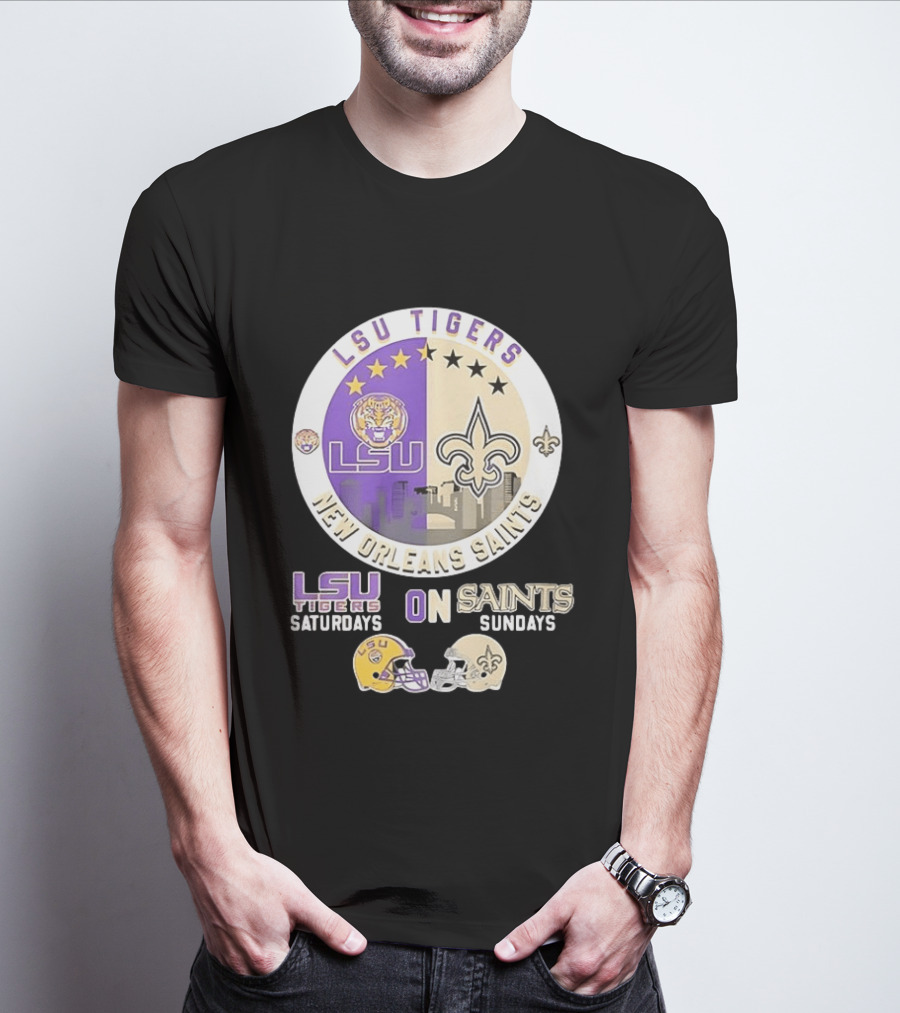 LSU Tigers Saturdays New Orleans Saints Sundays Mashup Helmet T-Shirt