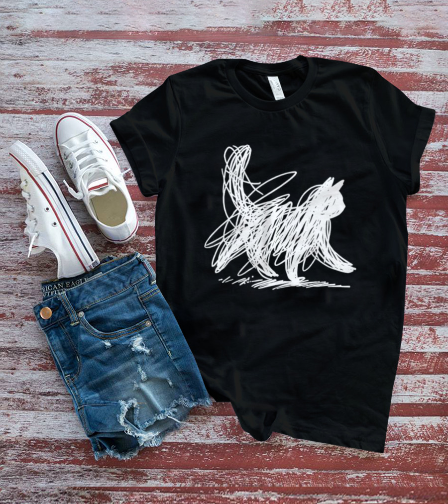 Scribble Cat Minimal Line Art Japanese T-Shirt