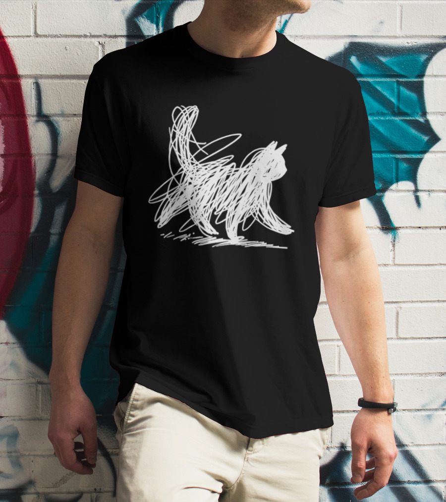 Scribble Cat Minimal Line Art Japanese T-Shirt