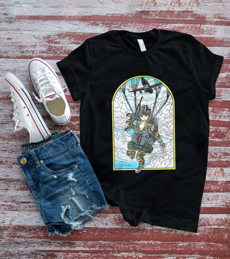 Sky Waifu Anime Paratrooper With Clouds And Plane T-Shirt