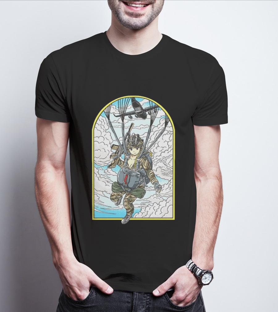 Sky Waifu Anime Paratrooper With Clouds And Plane T-Shirt