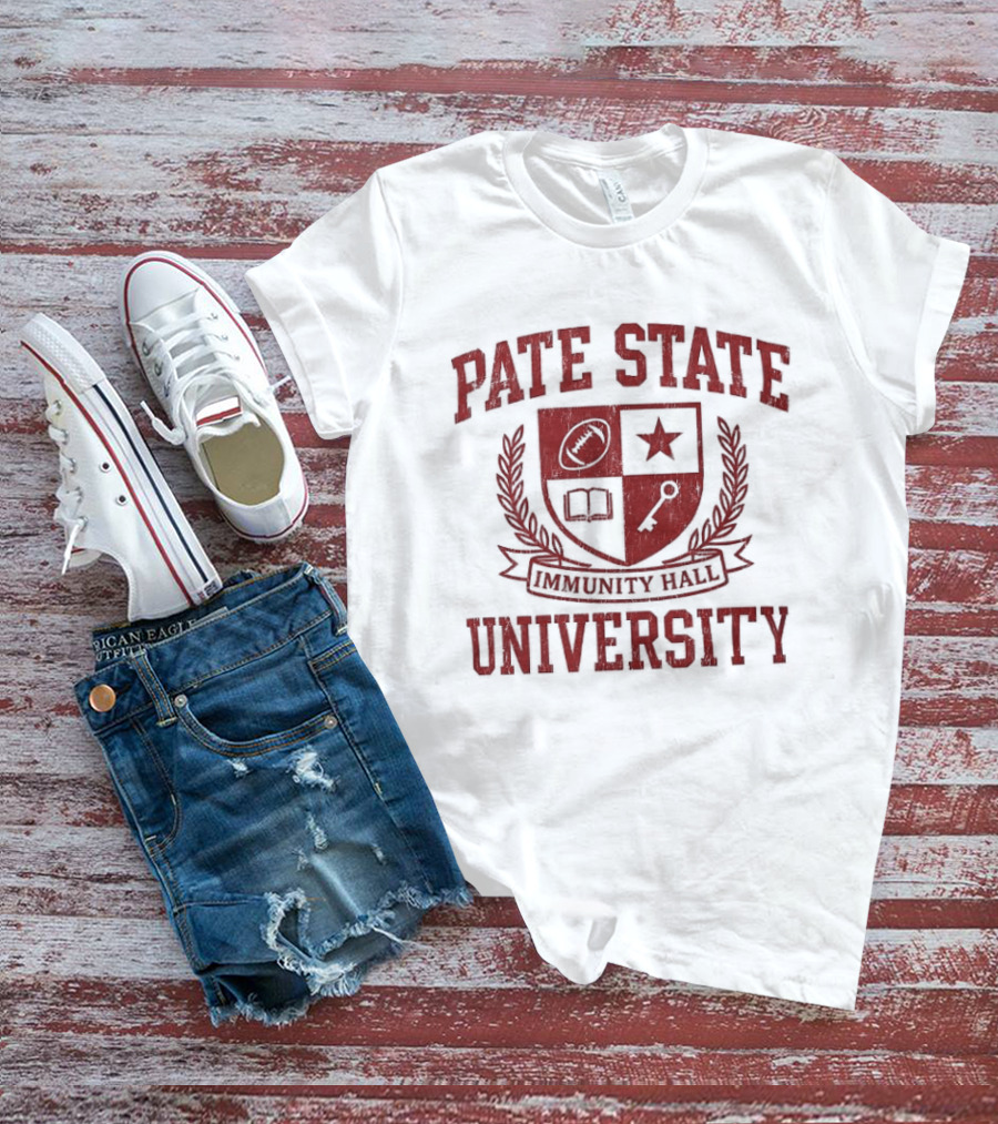 Pate State University Immunity Hall Laurel Wreath Shield Football Star Book Key T-Shirt