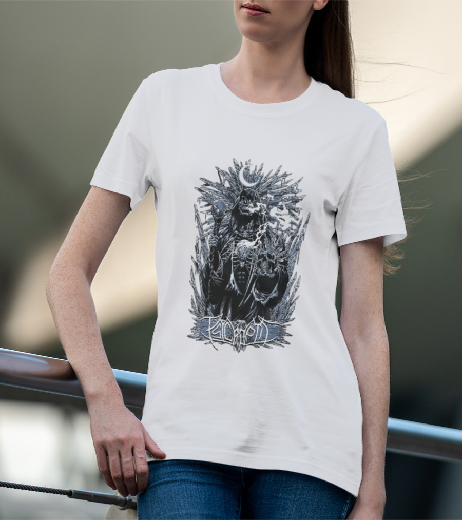 Psycroptic Ice Demon Moonlit Sorcerer Holding Crystal Staff And Skull T-Shirt