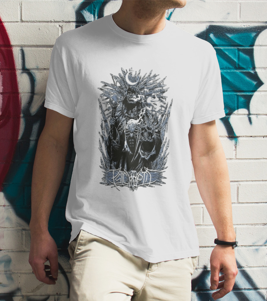Psycroptic Ice Demon Moonlit Sorcerer Holding Crystal Staff And Skull T-Shirt