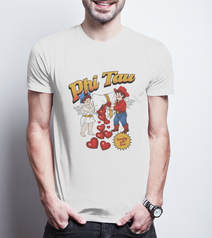 Phi Tau Valentine's Cupid And Cowboy Bursting With Love Hearts T-Shirt