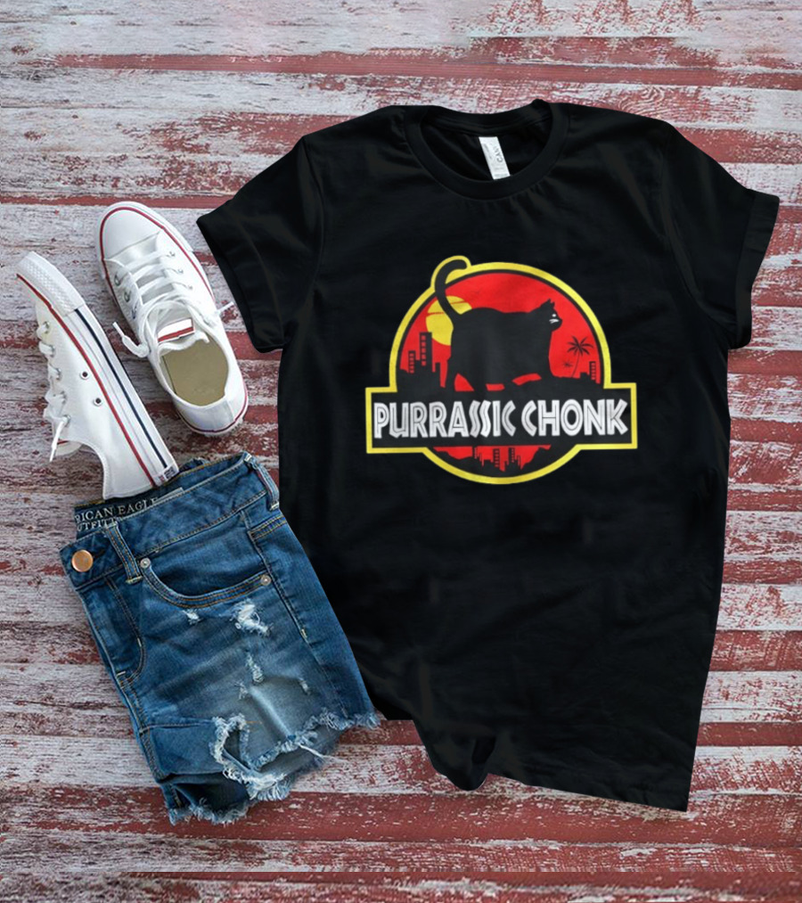 Purrassic Chonk Jurassic Cat Parody With Cat Silhouette On Red Sun T-Shirt
