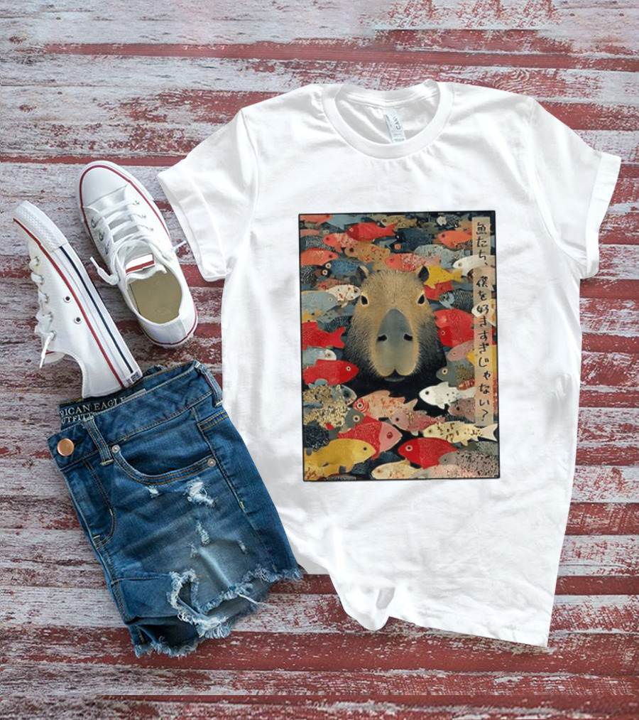 Am I Too Lovable Capybara Surrounded By Colorful Koi Fish T-Shirt