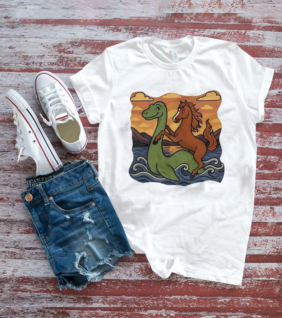 Playful Horse Riding Loch Ness Monster At Sunset Scene T-Shirt
