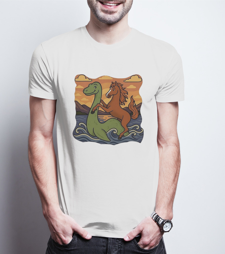 Playful Horse Riding Loch Ness Monster At Sunset Scene T-Shirt