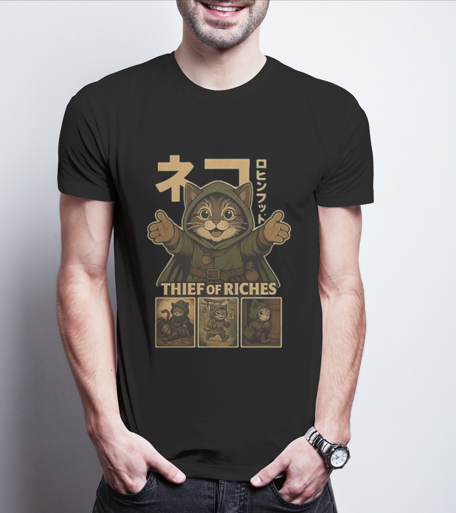 Cat Thief Of Riches Japanese Text Playful Robber T-Shirt
