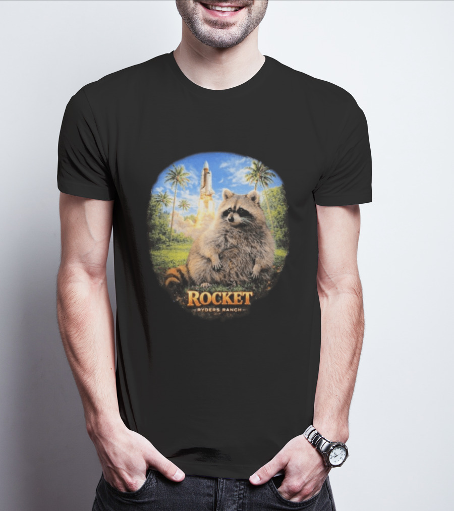 Rocket Raccoon Space Launch Tylernolantattoos Ryders Ranch T-Shirt