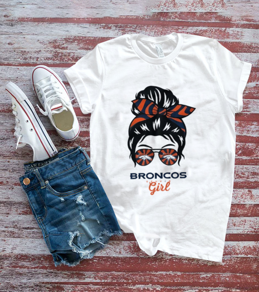 Broncos Girl Messy Bun Glasses And Bow T-Shirt