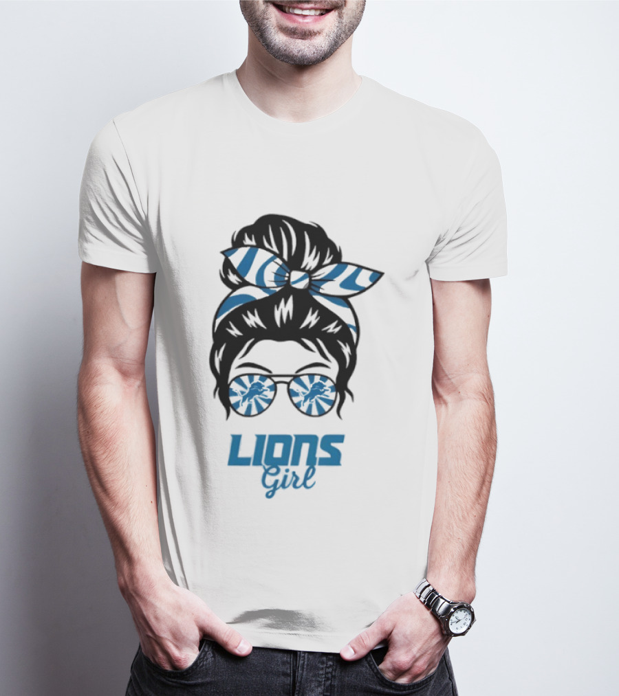 Detroit Lions Girl Glasses Messy Bun T-Shirt
