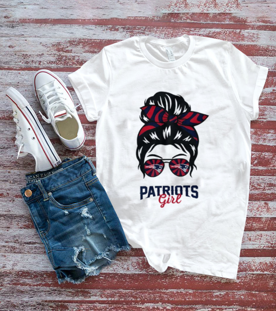 Patriots Girl Messy Bun Glasses Red Blue Bow Fan T-Shirt
