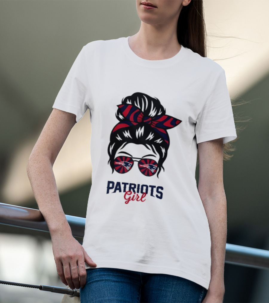 Patriots Girl Messy Bun Glasses Red Blue Bow Fan T-Shirt