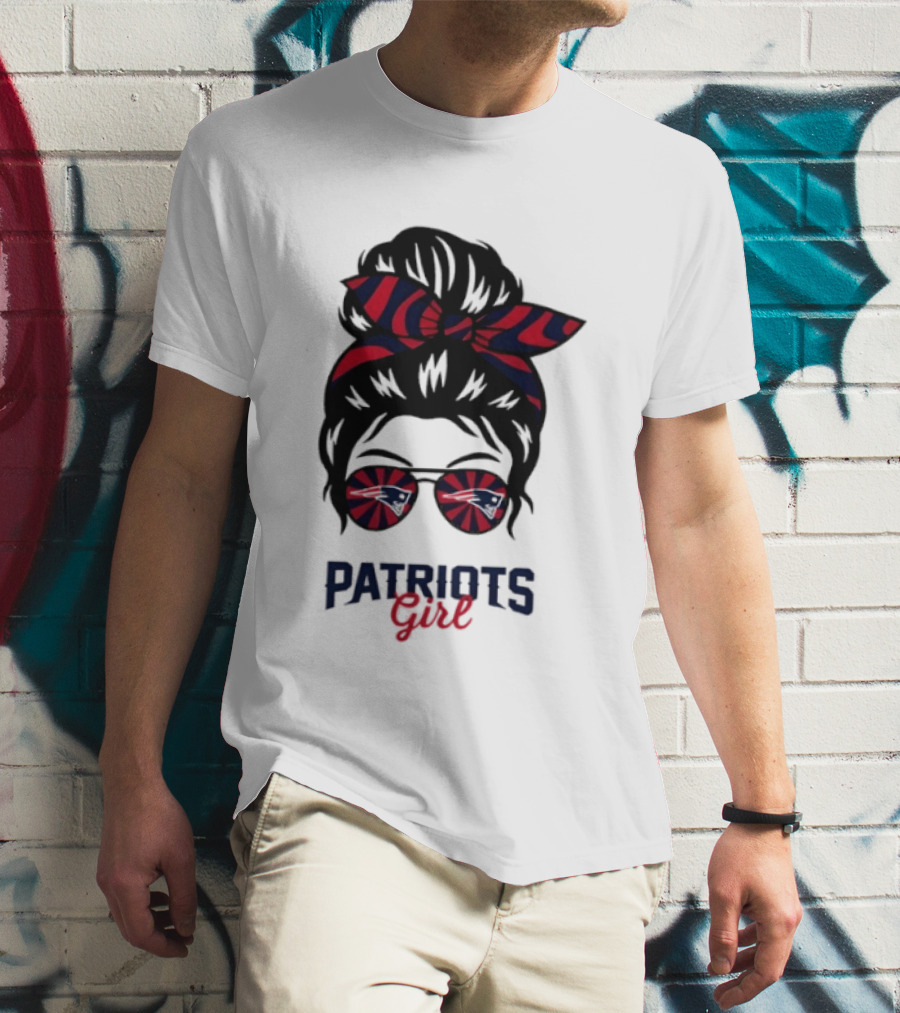 Patriots Girl Messy Bun Glasses Red Blue Bow Fan T-Shirt