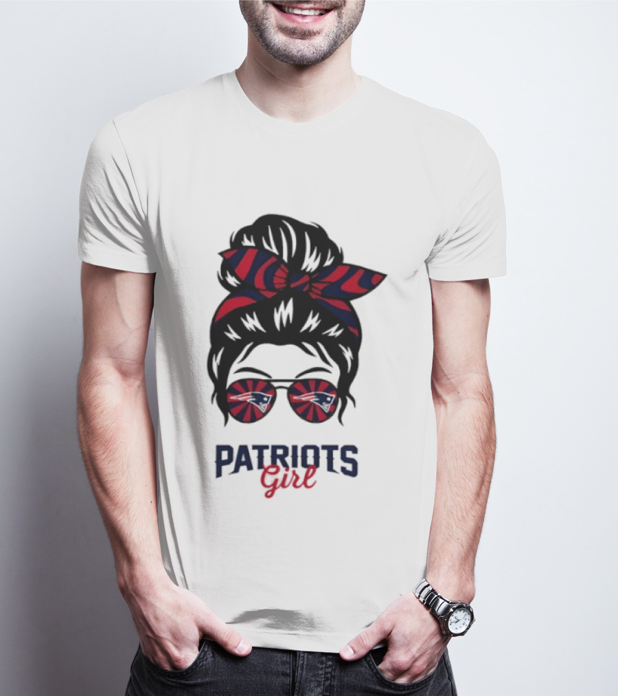 Patriots Girl Messy Bun Glasses Red Blue Bow Fan T-Shirt