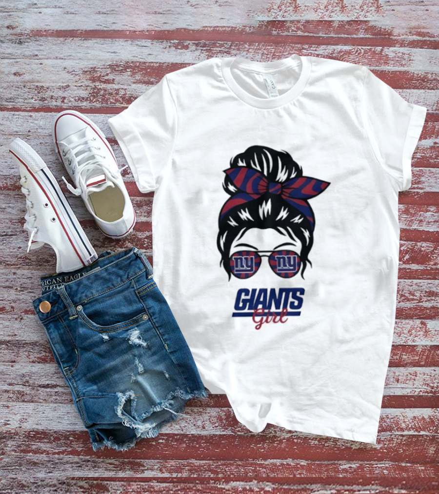 New York Giants Girl Messy Bun Glasses Bow T-Shirt