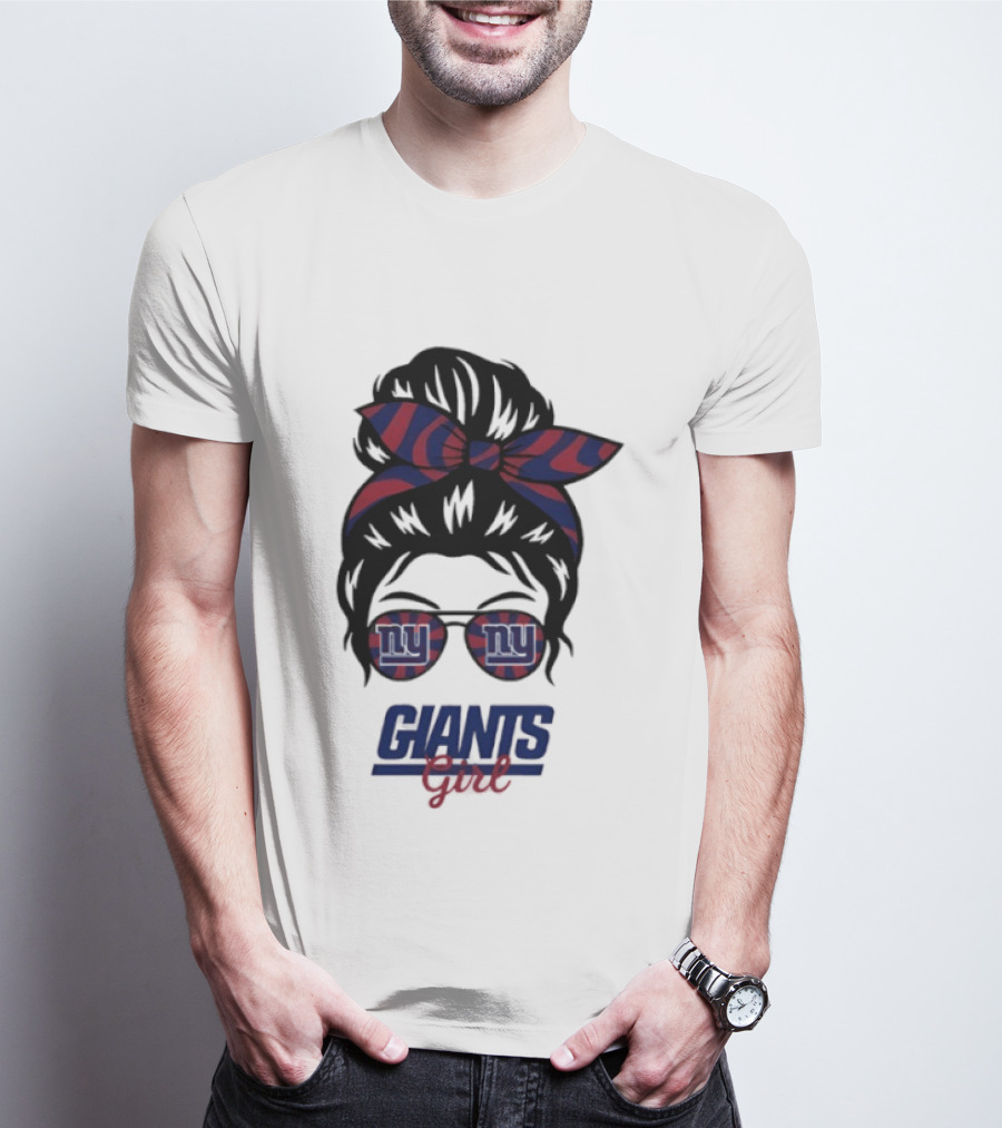 New York Giants Girl Messy Bun Glasses Bow T-Shirt