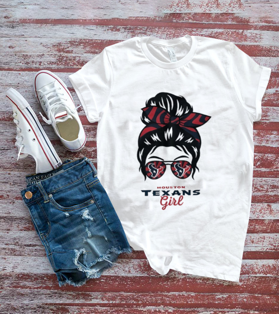 Houston Texans Girl Messy Bun Bow Sunglasses T-Shirt