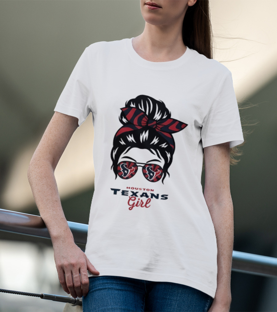 Houston Texans Girl Messy Bun Bow Sunglasses T-Shirt