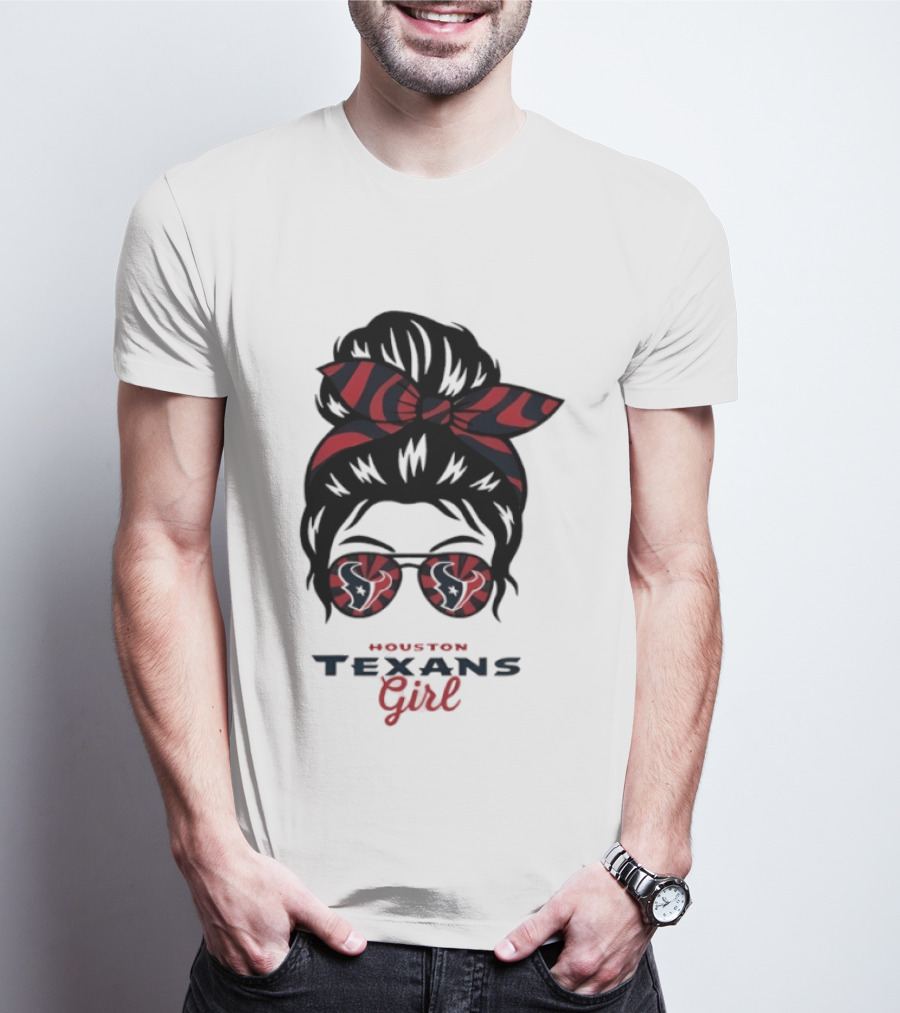 Houston Texans Girl Messy Bun Bow Sunglasses T-Shirt