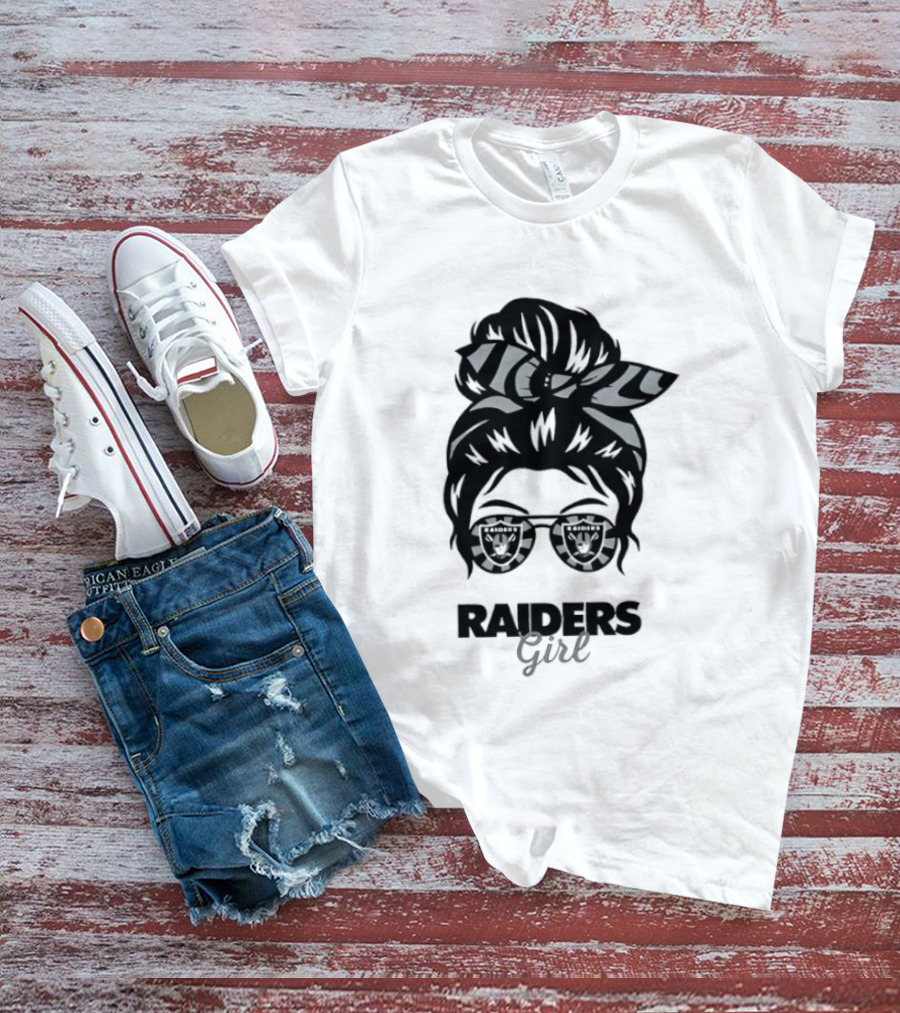 Raiders Girl Messy Bun Sunglasses Fan T-Shirt