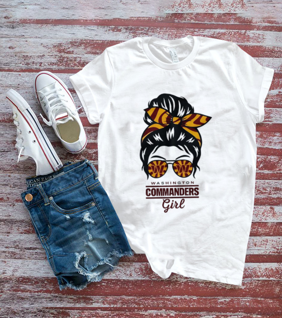 Washington Commanders Girl Messy Bun Glasses Football Fan T-Shirt