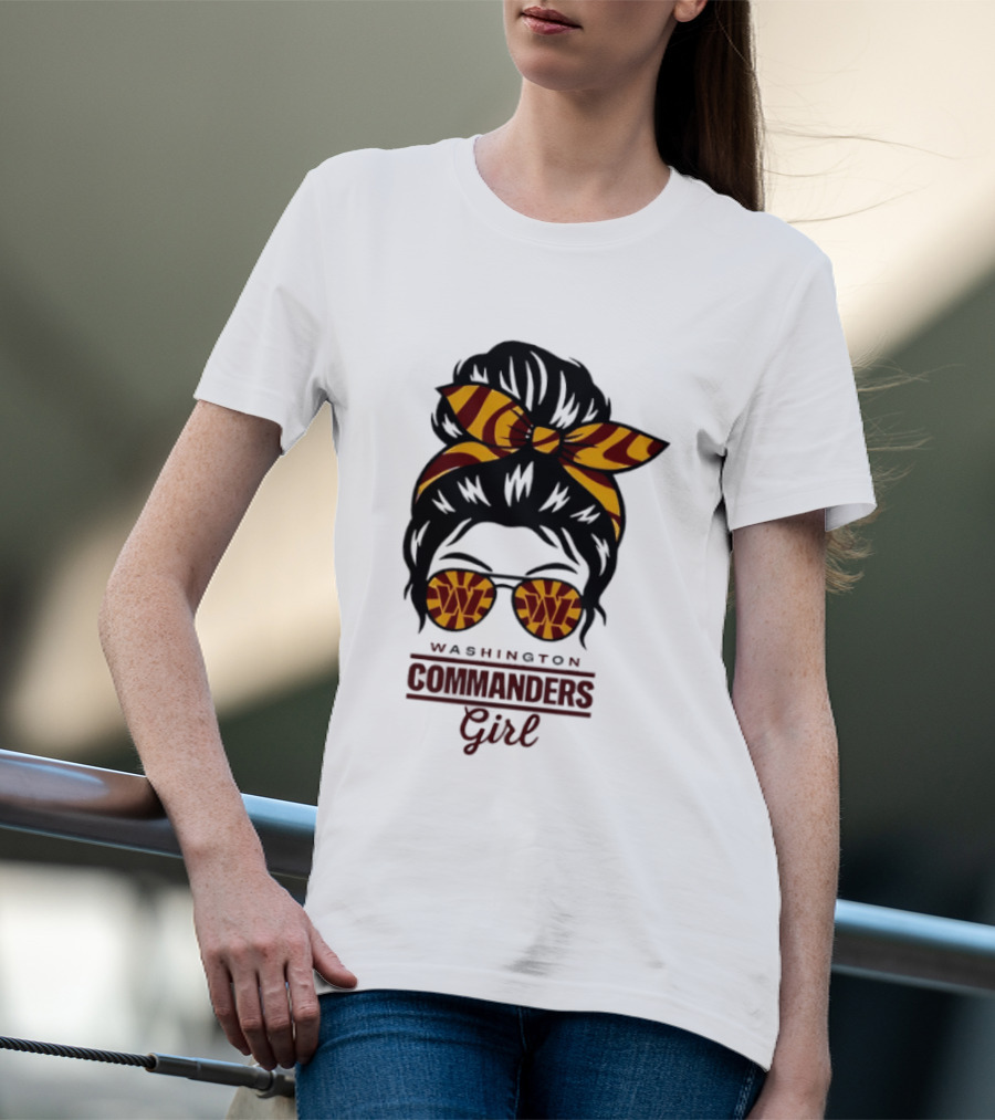 Washington Commanders Girl Messy Bun Glasses Football Fan T-Shirt