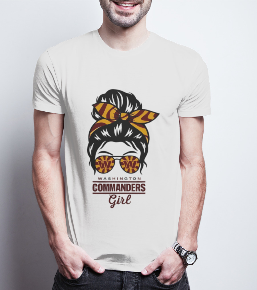 Washington Commanders Girl Messy Bun Glasses Football Fan T-Shirt