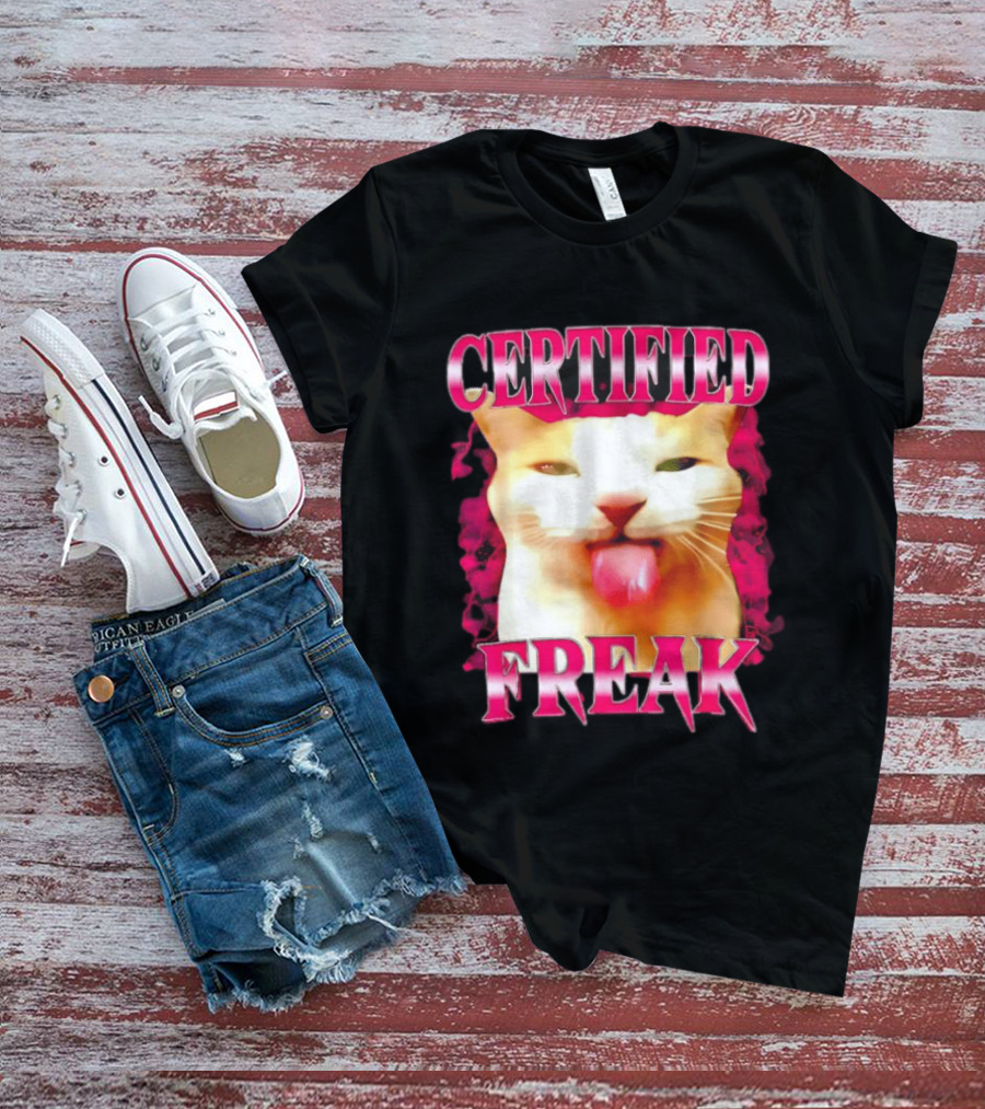Certified Freak Cat Tongue Out Pink Edge T-Shirt