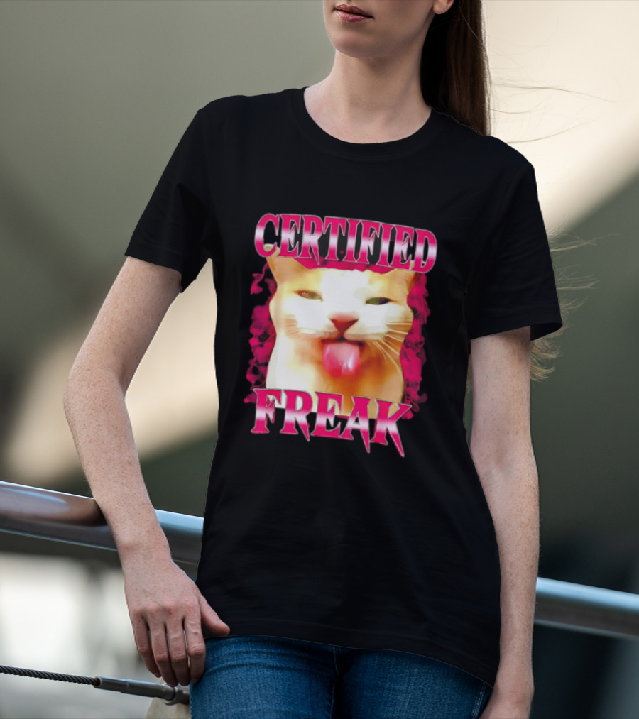 Certified Freak Cat Tongue Out Pink Edge T-Shirt