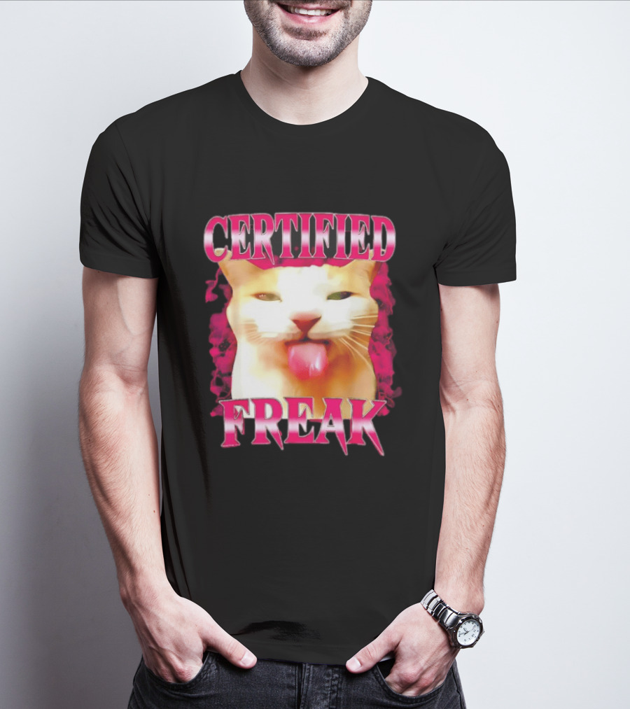 Certified Freak Cat Tongue Out Pink Edge T-Shirt