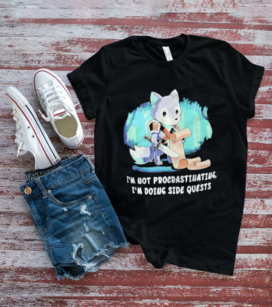 I'm Not Procrastinating I'm Doing Side Quests Cute Fantasy Wolf Cartoon T-Shirt