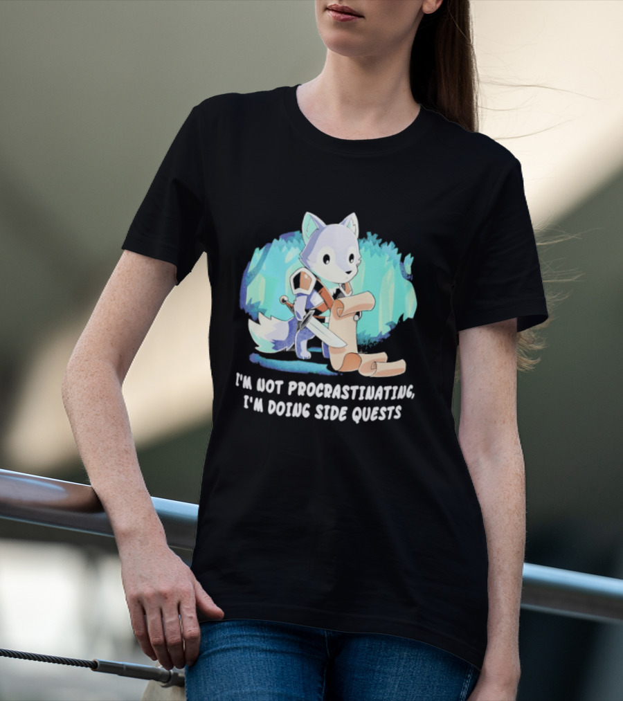I'm Not Procrastinating I'm Doing Side Quests Cute Fantasy Wolf Cartoon T-Shirt