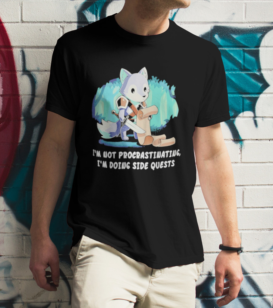 I'm Not Procrastinating I'm Doing Side Quests Cute Fantasy Wolf Cartoon T-Shirt