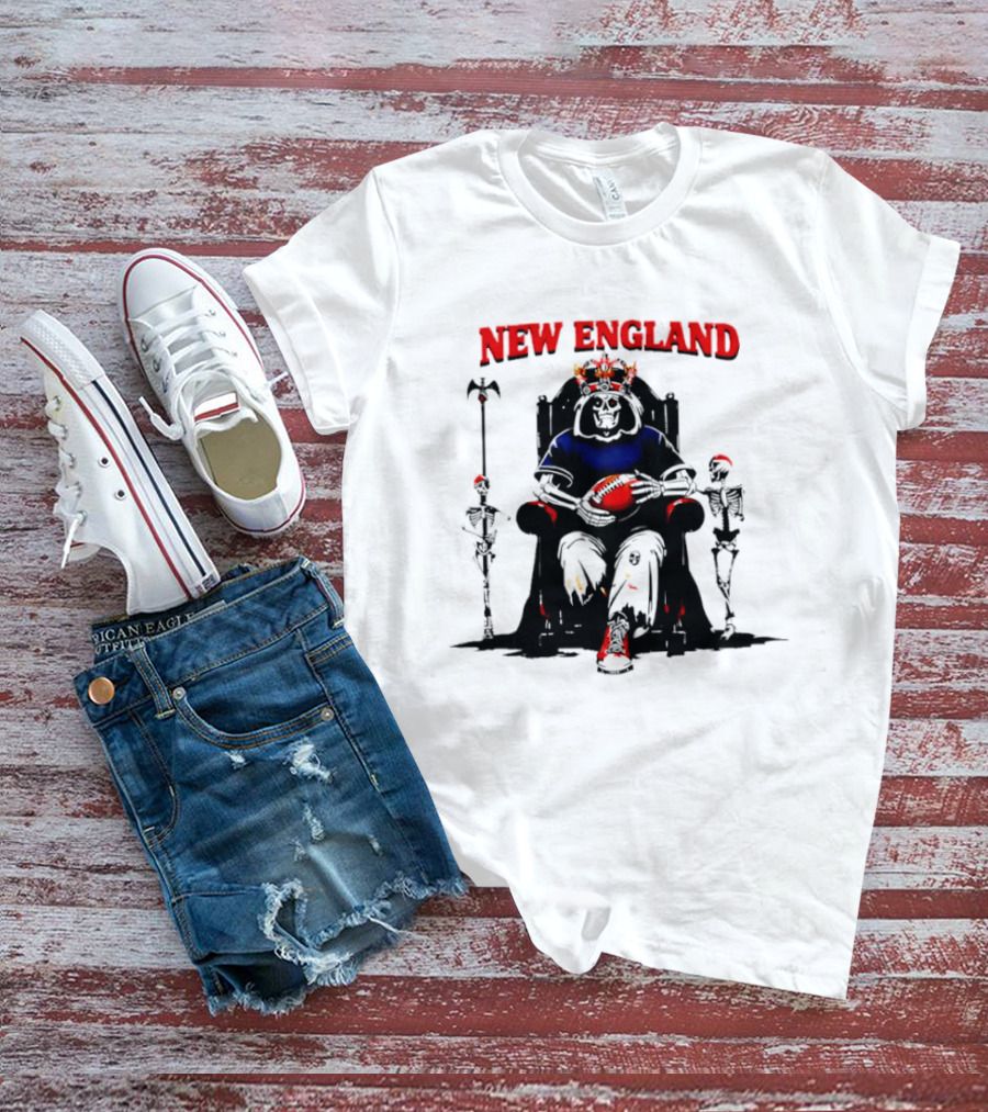 New England Skeletal Football Monarch Sitting On A Throne With Staff T-Shirt