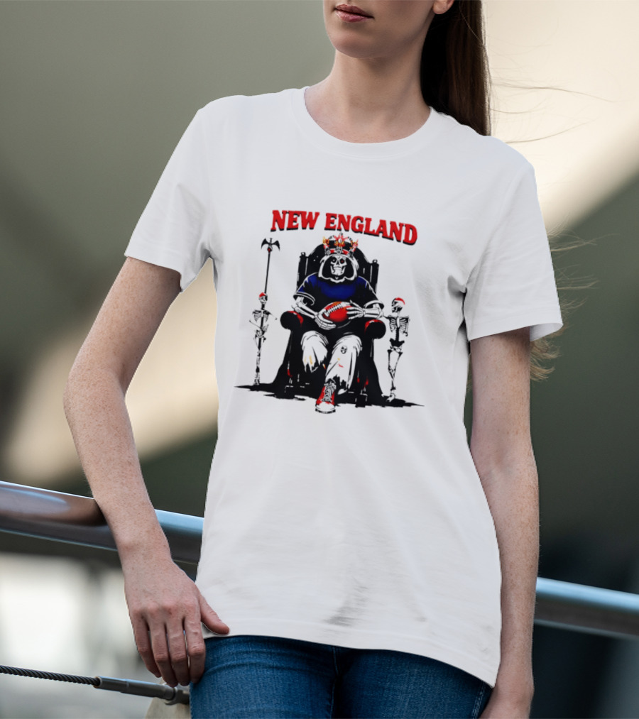 New England Skeletal Football Monarch Sitting On A Throne With Staff T-Shirt