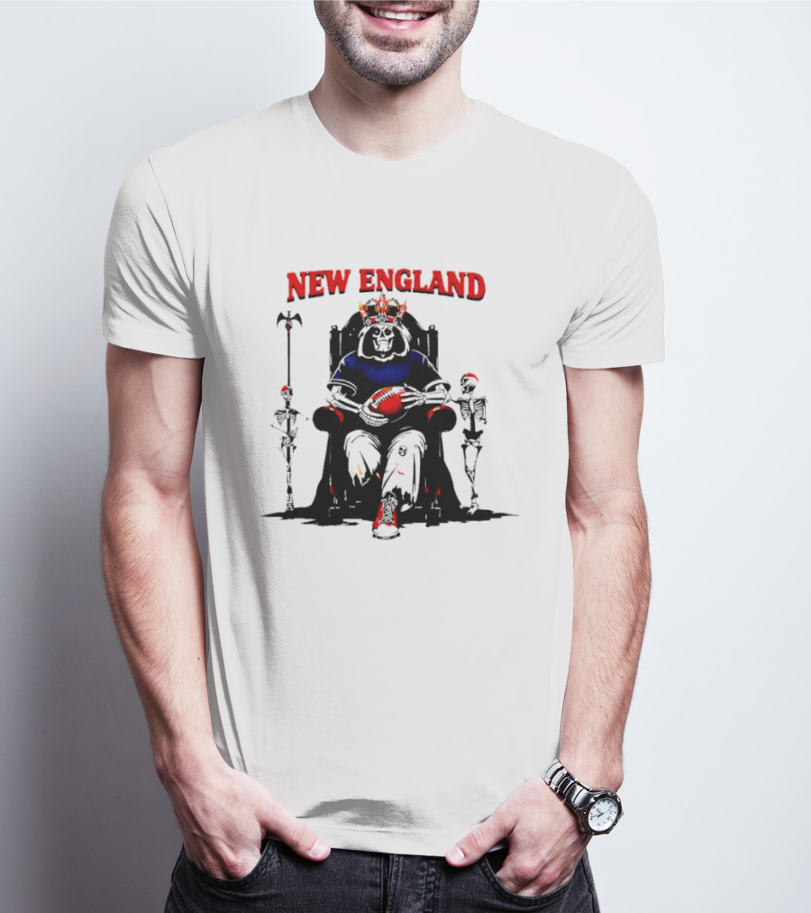 New England Skeletal Football Monarch Sitting On A Throne With Staff T-Shirt