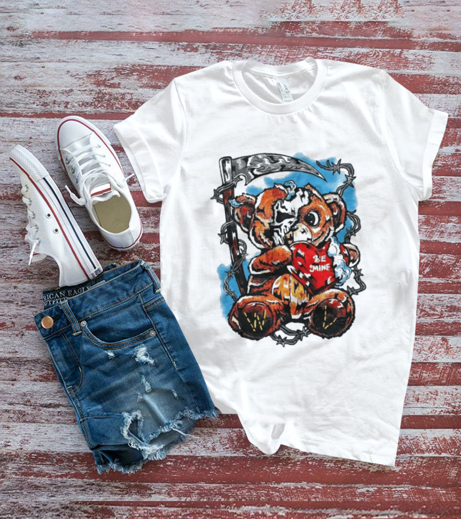 Warren Lotas Be Mine Teddy Grim Reaper Barbed Wire Valentine Scythe T-Shirt