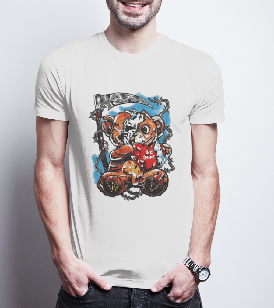 Warren Lotas Be Mine Teddy Grim Reaper Barbed Wire Valentine Scythe T-Shirt