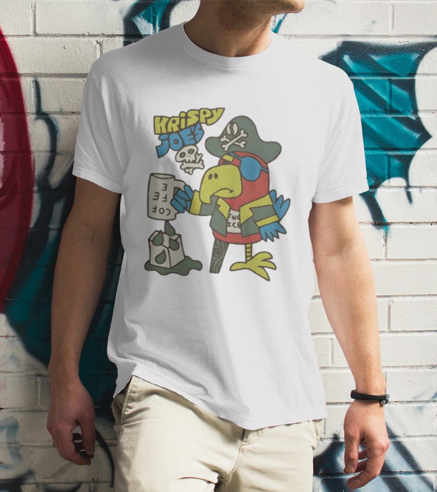 Krispy Joe's Pirate Parrot Coffee Spill Cartoon T-Shirt
